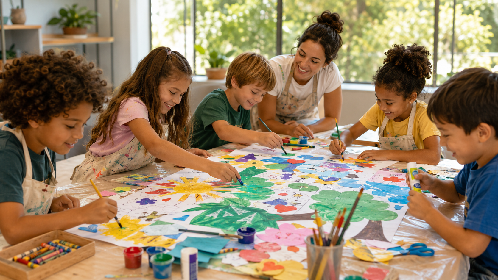 Crianças criando um mural coletivo de arte com tintas, papéis e materiais criativos.