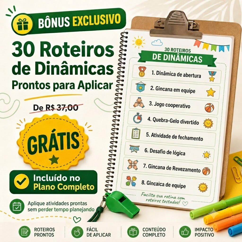 Imagem promocional do bônus 30 Roteiros de Dinâmicas Prontos para Aplicar incluso no Plano Completo.