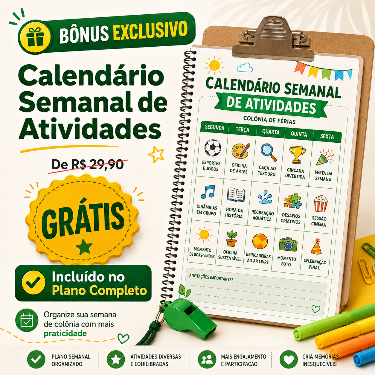 Imagem promocional do bônus Calendário Semanal de Atividades incluso no Plano Completo.