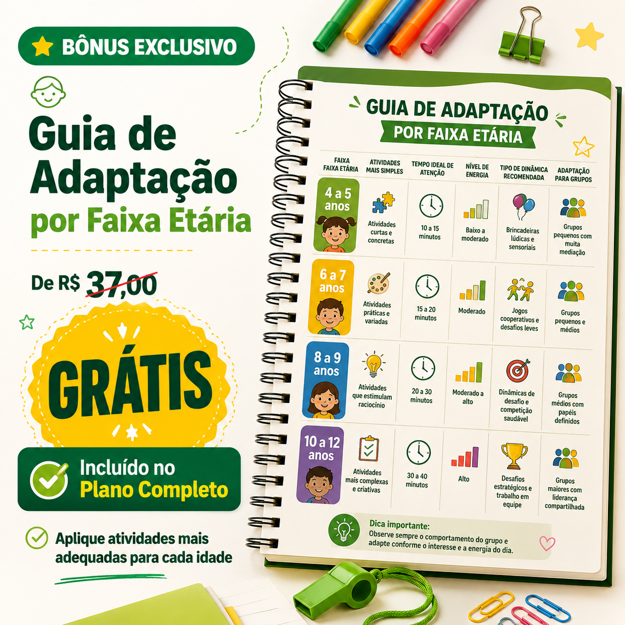 Imagem promocional do bônus Guia de Adaptação por Faixa Etária incluso no Plano Completo.